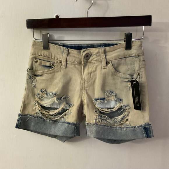 ZC0 Thrashed Bleach Destroy Roll Jean Shorts 0 Grunge Festival Y2K Punk Rocker - Picture 1 of 7